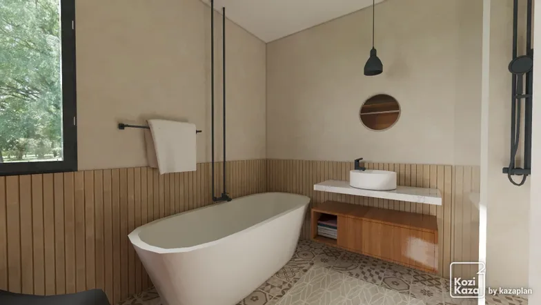 Idée salle de bain bois et beige 3D 2