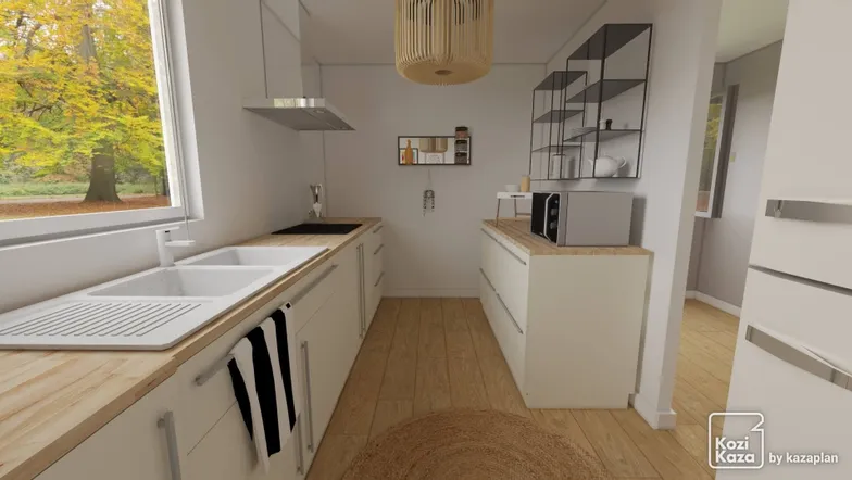 Idea for hallway kitchen with classic white and wood look 3D 3