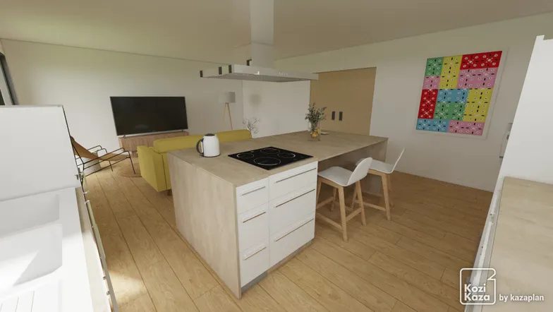 Idea for L white and Scandinavian wood kitchen 3D 2
