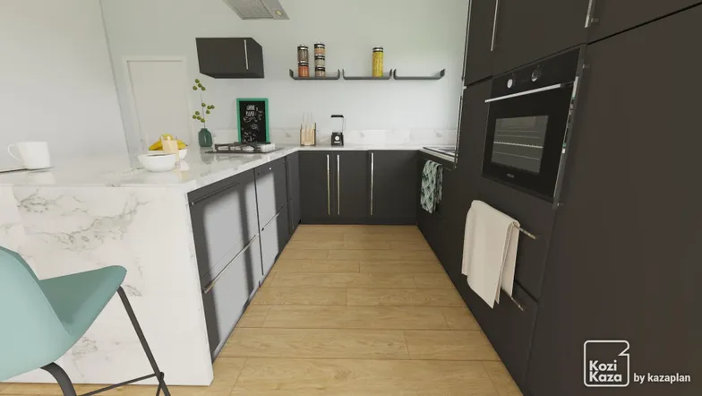 Idea for contemporary U-shaped kitchen black and marble 3D 3