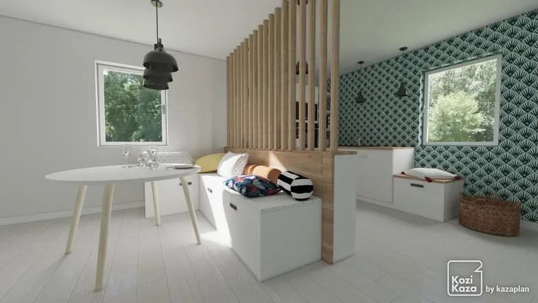 Idea for white and Scandinavian wood kitchen in U 3D 3