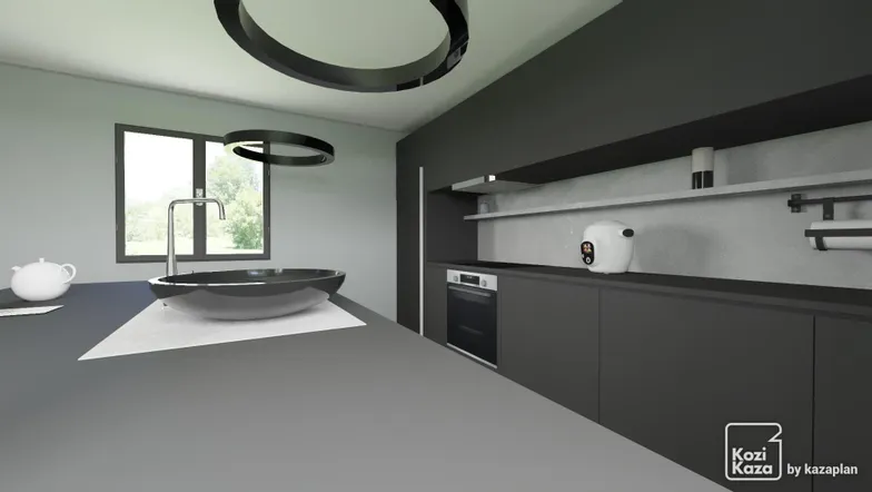 Idea for white and wood linear minimalist kitchen 3D 2