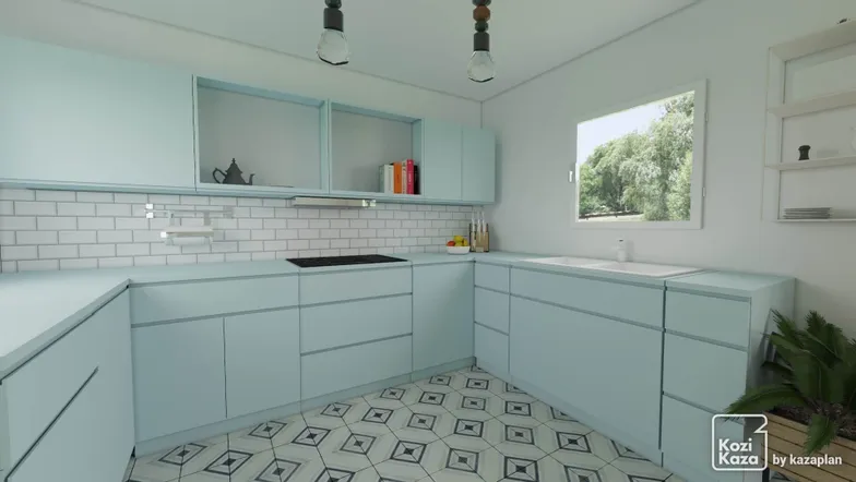 Idea for an pastel blue retro opened kitchen 3D 2