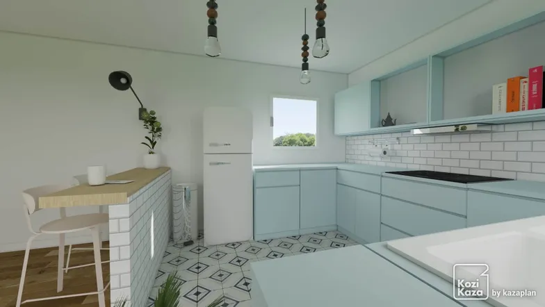 Idea for an pastel blue retro opened kitchen 3D 3