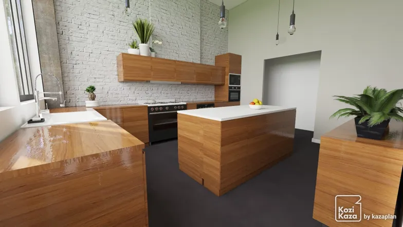 Idée cuisine en L blanche et bois moderne loft 3D  2