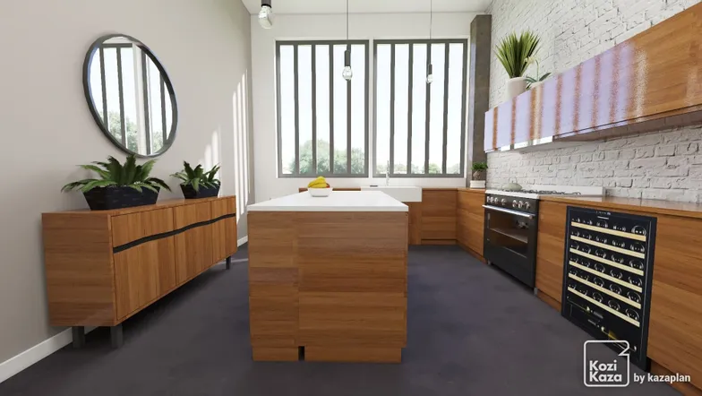 Idée cuisine en L blanche et bois moderne loft 3D  3