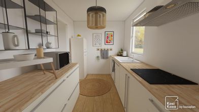 Idée cuisine en couloir au look classique blanche et bois 3D 1