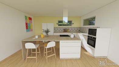 Idea for L white and Scandinavian wood kitchen 3D 1
