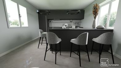 Idée cuisine linéaire minimaliste blanche et bois 3D 1