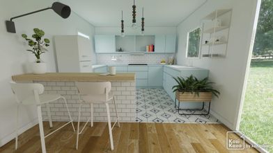 Idea for an pastel blue retro opened kitchen 3D 1