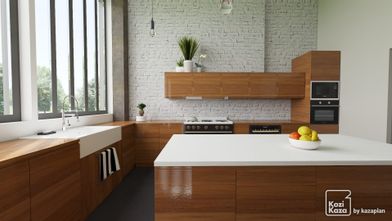 Idée cuisine en L blanche et bois moderne loft 3D  1
