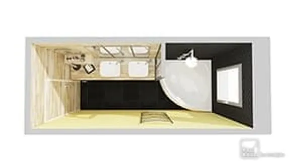 Example of modern black and wood bathroom 3D plan 