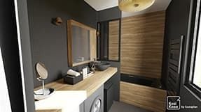 Exemple plan 3D salle de bain noir et bois