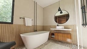 Exemple plan 3D salle de bain beige et bois