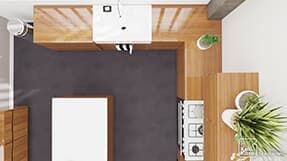 Example of 3D plan for a white and wood L-shaped kitchen 
