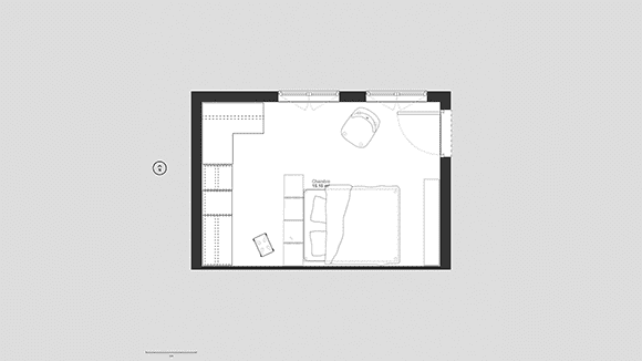 3D plan example of an L-shaped dressing room in a bedroom