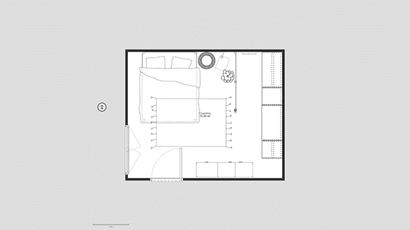 3D plan model of a modern L-shaped walk-in wardrobe with atelier window 