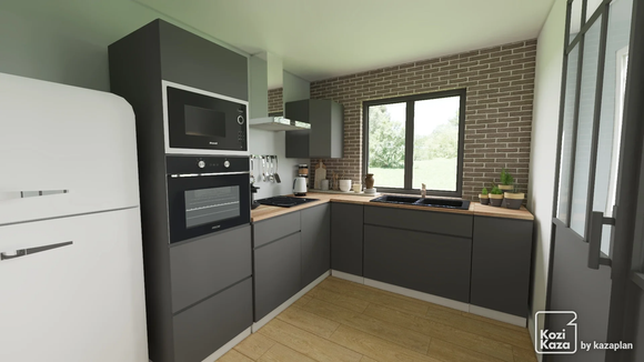 Example 3D plan of black and wood l-shaped industrial kitchen