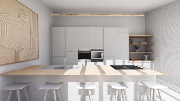 Exemple plan 3D de grande cuisine design grise et bois avec îlot