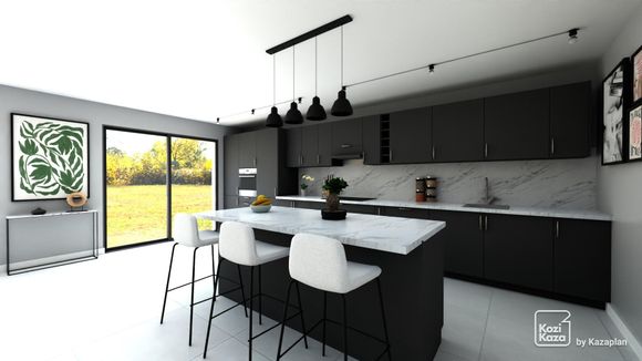 Example 3D plan of modern white and black open kitchen