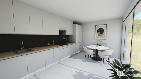 Example 3D plan of white designer u-shaped kitchen with island