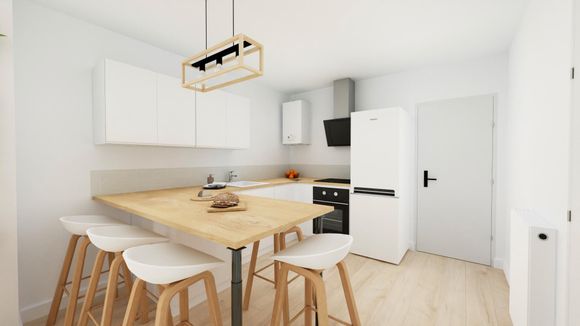 Exemple plan 3D de petite cuisine scandinave lumineuse en l