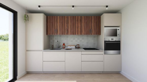 Example 3D plan of small linear white and wood kitchen