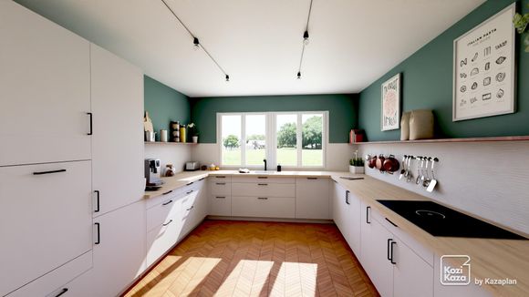 Example 3D plan of white closed design kitchen with glass roof