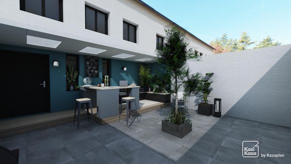 Example 3D plan of modern garden lounge with bar