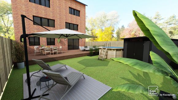 Exemple plan 3D d'un jardin avec abri de jardin et piscine hors-sol