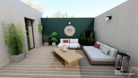 Exemple de plan 3D d'un rooftop bohème avec salon de jardin
