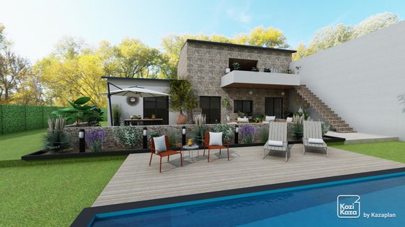 Example 3D plan of Portuguese house with garden lounge and pool