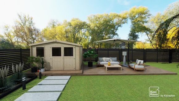 Modèle plan 3D de salon et abri de jardin avec parasol