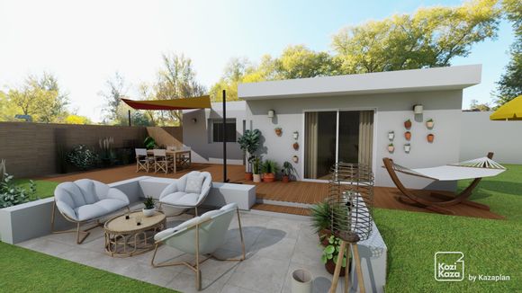Exemple plan 3D de terrasse avec salon de jardin syle bohème