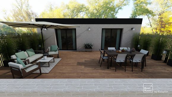 Exemple plan 3D d'un grand balcon design avec salon de jardin
