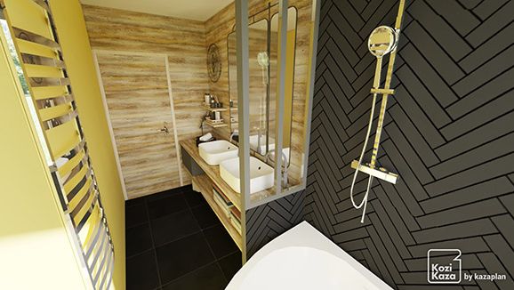 Modern black and wood 3D bathroom plan template