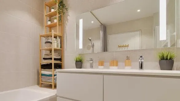 photo salle de bain blanche et étagère bois