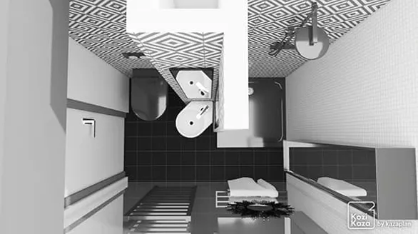 3D plan example of a black and white bathroom
