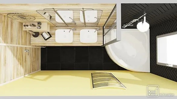 Example of modern black and wood bathroom 3D plan 