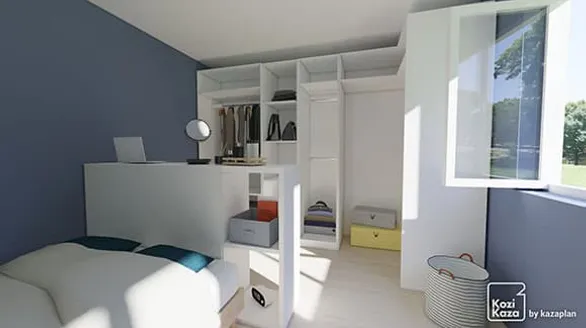 3D plan example of an L-shaped dressing room in a bedroom