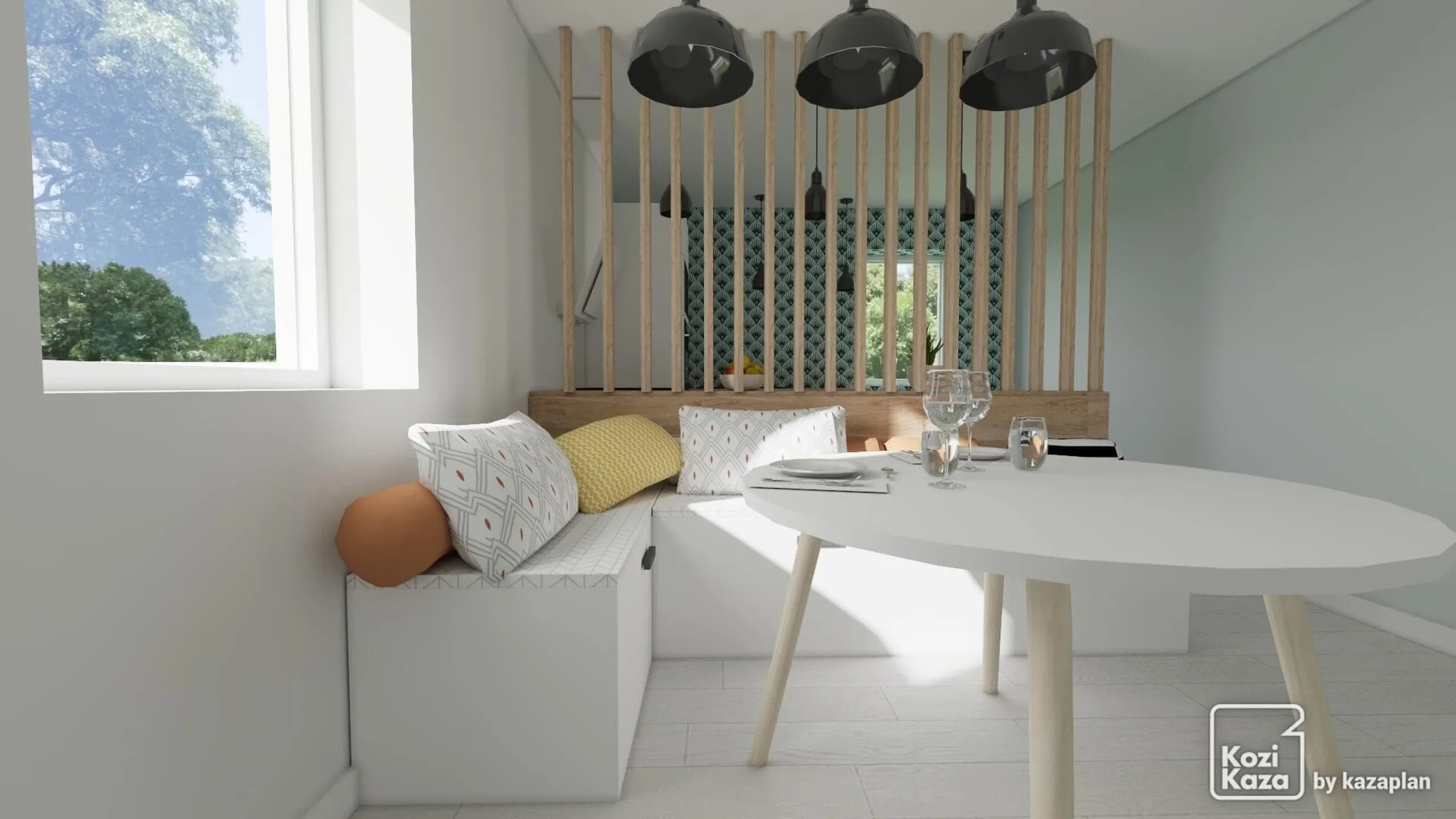 Idea for white and Scandinavian wood kitchen in U 3D 2