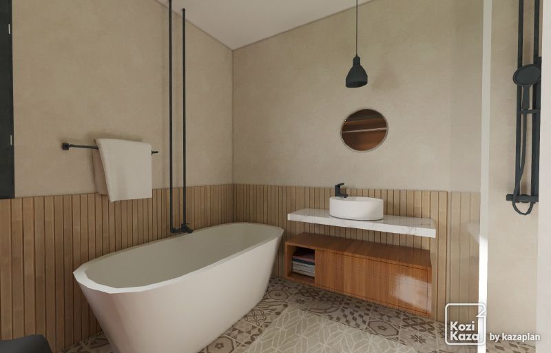 Idée salle de bain bois et beige 3D