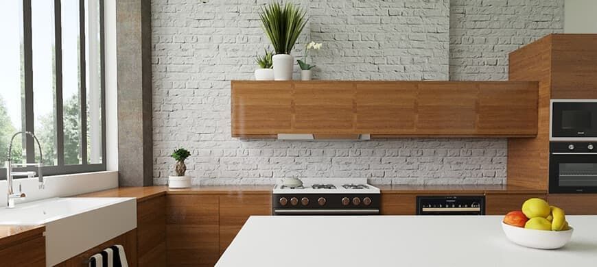 Idea for 3D L-shaped kitchen in white and modern wood with loft feel